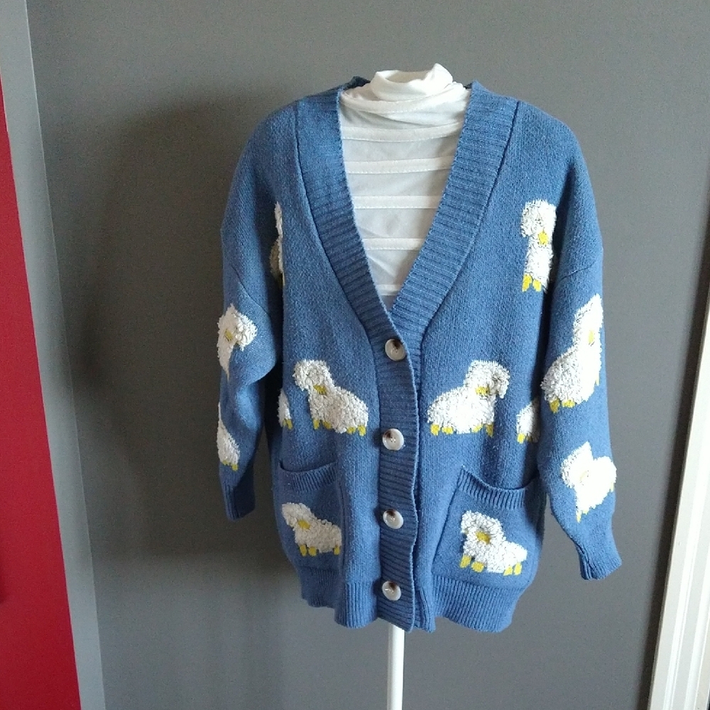 Blue Cardigan with Sheep Design